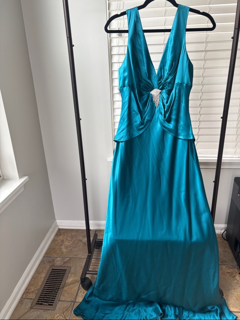 Cachet Teal Satin V-Neck Evening Gown with Rhinestone Accent